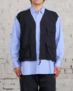 New COMME des GARÇONS HOMME Cotton Stripe Nylon Tussah Button Cargo Shirt Sax Black