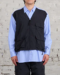 New COMME des GARÇONS HOMME Cotton Stripe Nylon Tussah Button Cargo Shirt Sax Black