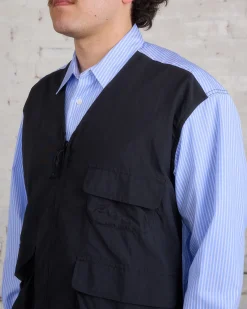 New COMME des GARÇONS HOMME Cotton Stripe Nylon Tussah Button Cargo Shirt Sax Black