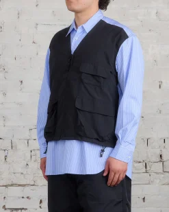 New COMME des GARÇONS HOMME Cotton Stripe Nylon Tussah Button Cargo Shirt Sax Black