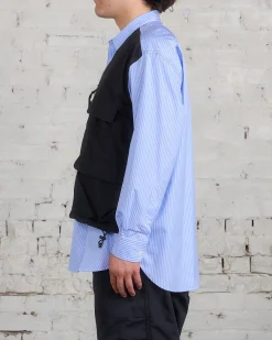 New COMME des GARÇONS HOMME Cotton Stripe Nylon Tussah Button Cargo Shirt Sax Black