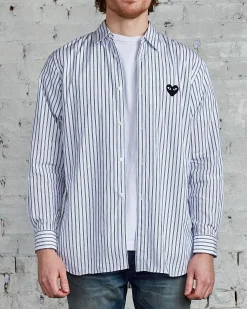 Discount Comme des Garçons PLAY Black Heart Striped Long Sleeve Button Shirt Blue