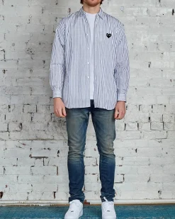 Discount Comme des Garçons PLAY Black Heart Striped Long Sleeve Button Shirt Blue