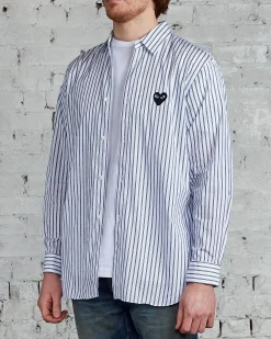 Discount Comme des Garçons PLAY Black Heart Striped Long Sleeve Button Shirt Blue