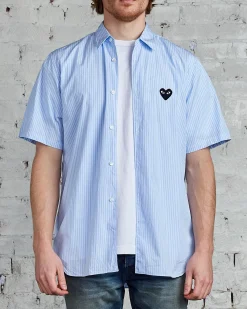 Discount Comme des Garçons PLAY Black Heart Striped Short Sleeve Button Shirt Blue