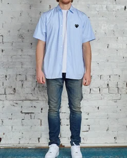 Discount Comme des Garçons PLAY Black Heart Striped Short Sleeve Button Shirt Blue