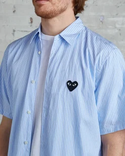 Discount Comme des Garçons PLAY Black Heart Striped Short Sleeve Button Shirt Blue