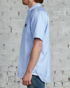 Discount Comme des Garçons PLAY Black Heart Striped Short Sleeve Button Shirt Blue