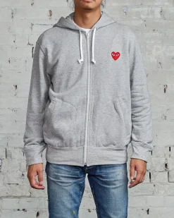 Outlet Comme des Garçons PLAY Red Heart Zip Hooded Sweatshirt Grey