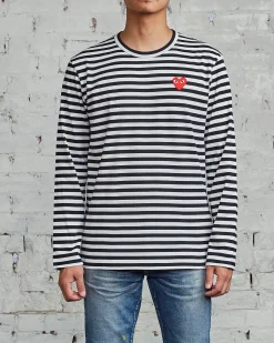 Online Comme des Garçons PLAY Red Heart Striped Long Sleeve T-Shirt Black / White