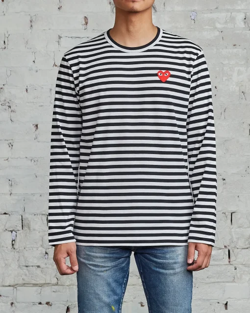 Online Comme des Garçons PLAY Red Heart Striped Long Sleeve T-Shirt Black / White