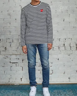 Online Comme des Garçons PLAY Red Heart Striped Long Sleeve T-Shirt Black / White