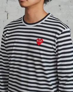 Online Comme des Garçons PLAY Red Heart Striped Long Sleeve T-Shirt Black / White