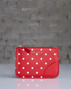 Hot Comme des Garçons WALLET Dots Leather Zip Pouch Red
