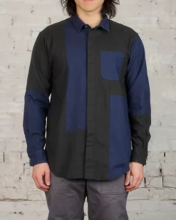 Clearance Engineered Garments Combo Short Collar Shirt Navy Cotton Oxford