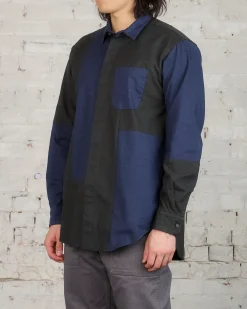 Clearance Engineered Garments Combo Short Collar Shirt Navy Cotton Oxford