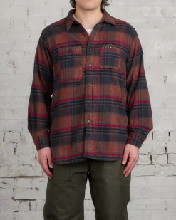 Clearance Engineered Garments Work Button Shirt Orange Red Plaid Flannel