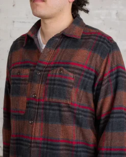 Clearance Engineered Garments Work Button Shirt Orange Red Plaid Flannel