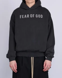 Discount Fear of God Overlapped French Terry FOG Print Hoodie Black/Grey