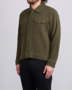 Hot HOMME PLISSÉ ISSEY MIYAKE Wool Like Light Trucker Jacket Khaki