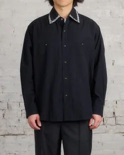 Online Lemaire Crepe Cotton Embroidered Collar Shirt Black