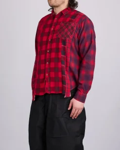 Clearance Needles Rebuild Flannel Button Shirt 7-Cuts Red Overdye