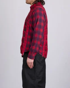 Clearance Needles Rebuild Flannel Button Shirt 7-Cuts Red Overdye