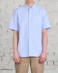 New Reigning Champ Windsor Short Sleeve Oxford Button Shirt Light Blue