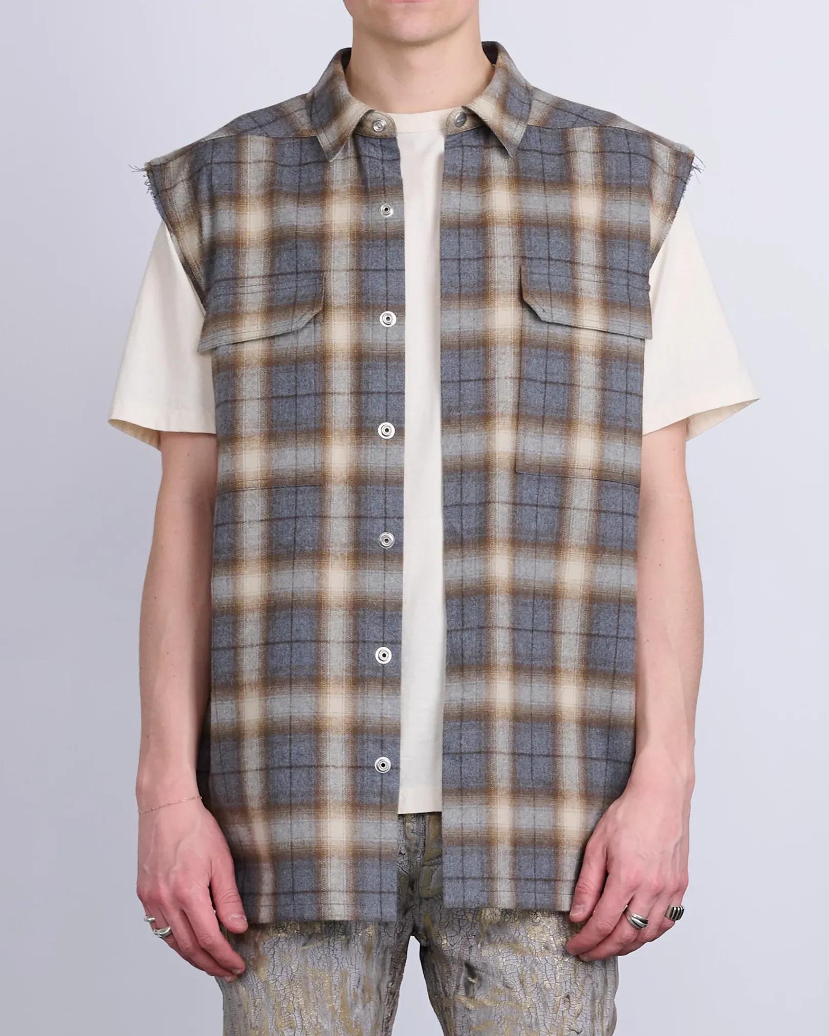 New Rick Owens Jumbo SL Outershirt Cotton Plaid Grey