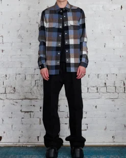 New Rick Owens Outershirt Lodenette Wool Pale Blue Plaid