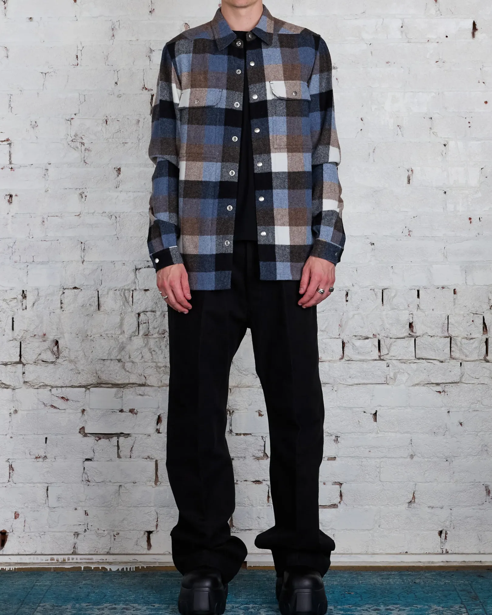 New Rick Owens Outershirt Lodenette Wool Pale Blue Plaid