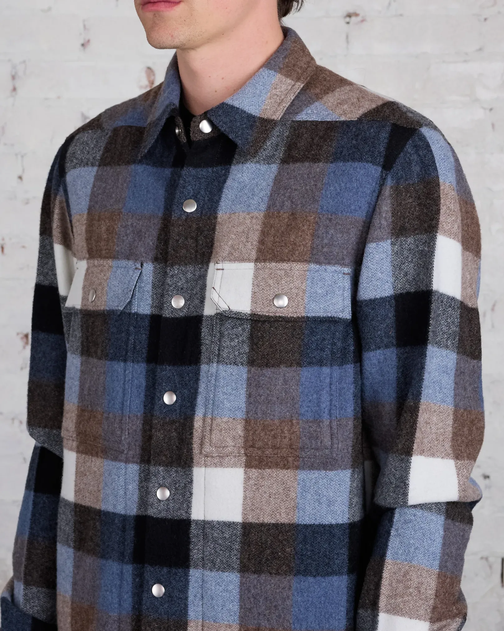 New Rick Owens Outershirt Lodenette Wool Pale Blue Plaid