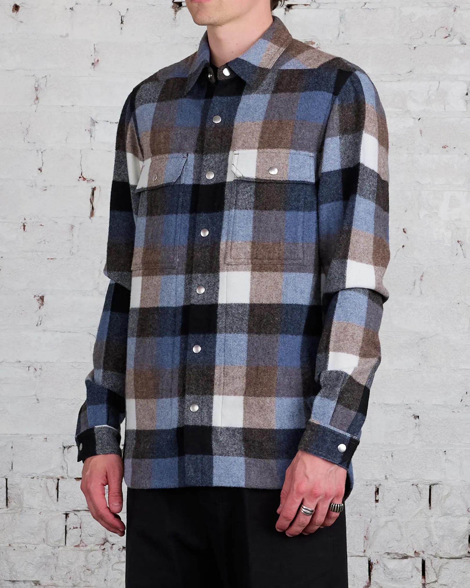 New Rick Owens Outershirt Lodenette Wool Pale Blue Plaid