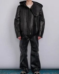 Fashion Rick Owens Runway Hooded Stooges Spalla Leather Black