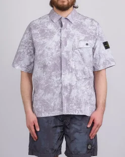 Sale Stone Island Pigment Print Tela Short sleeve Button Shirt Pearl Grey