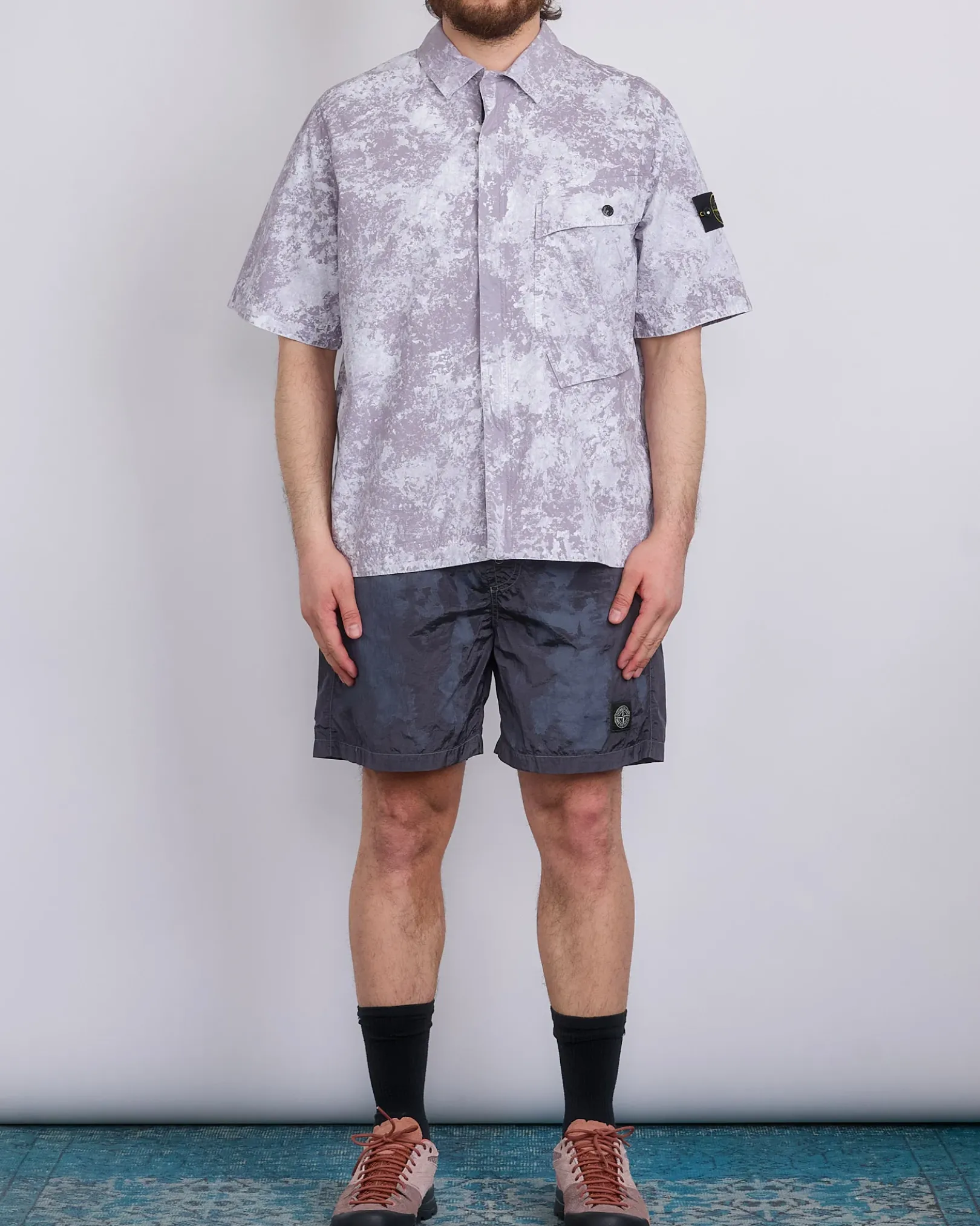 Sale Stone Island Pigment Print Tela Short sleeve Button Shirt Pearl Grey