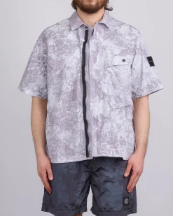 Sale Stone Island Pigment Print Tela Short sleeve Button Shirt Pearl Grey