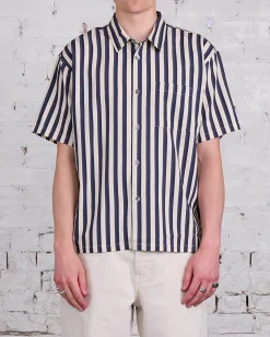 Best Stussy Flat Bottom Striped SS Button Shirt Navy