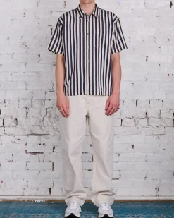 Best Stussy Flat Bottom Striped SS Button Shirt Navy