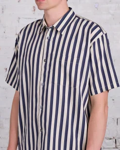 Best Stussy Flat Bottom Striped SS Button Shirt Navy