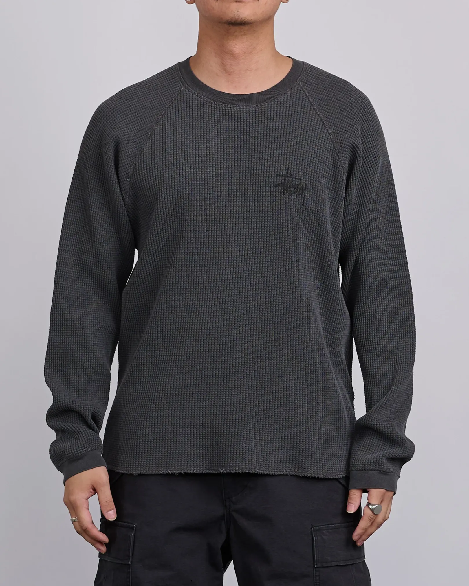 Clearance Stussy Raglan Basic Stock Thermal Crewneck Washed Black
