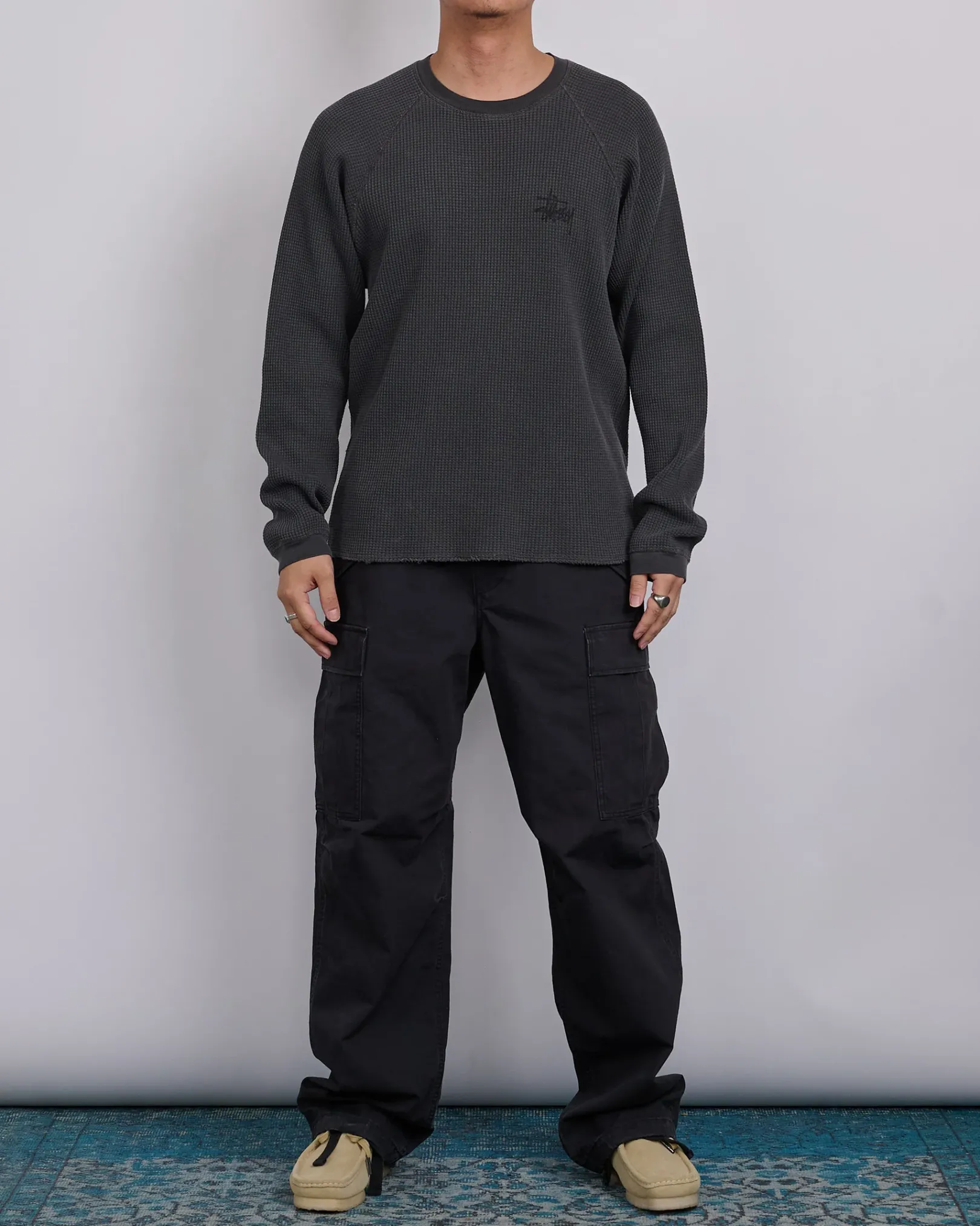 Clearance Stussy Raglan Basic Stock Thermal Crewneck Washed Black