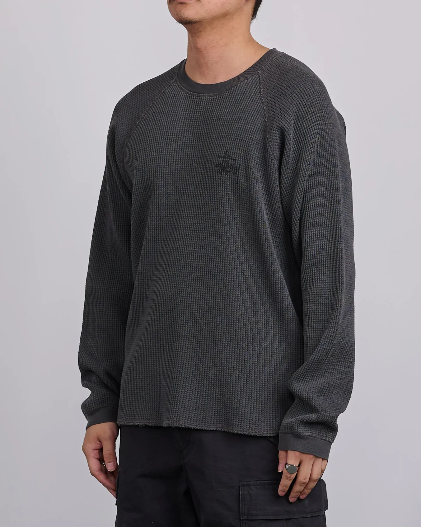 Clearance Stussy Raglan Basic Stock Thermal Crewneck Washed Black