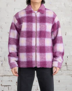 Outlet Stussy Zip Sherpa Shadow Plaid Jacket Berry
