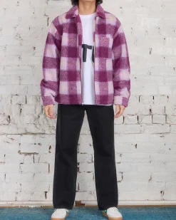 Outlet Stussy Zip Sherpa Shadow Plaid Jacket Berry