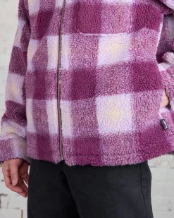 Outlet Stussy Zip Sherpa Shadow Plaid Jacket Berry